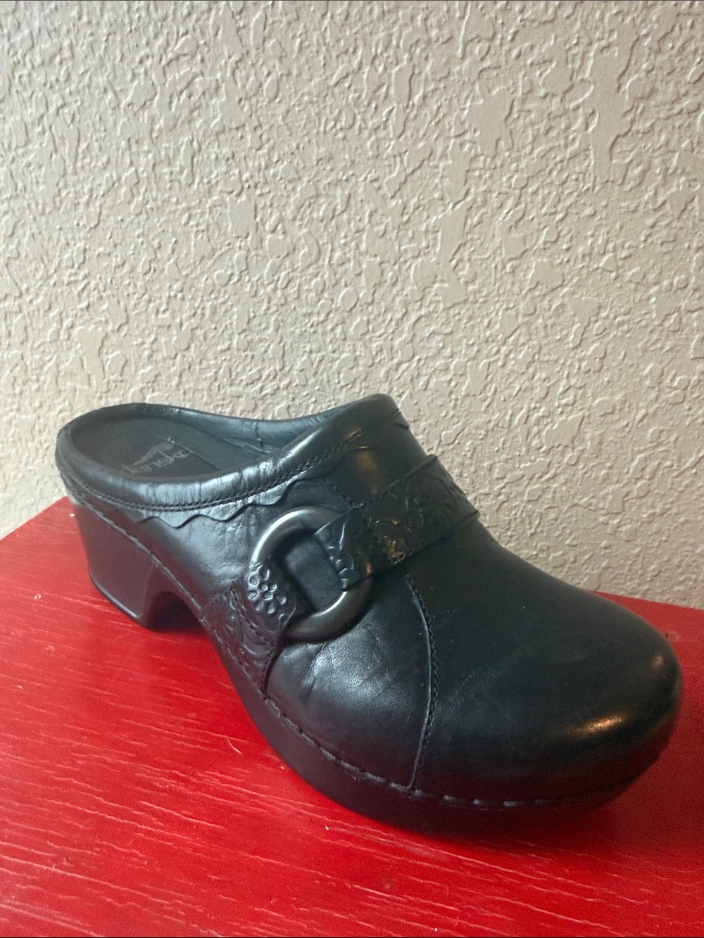 New Dansko Black Leather Slip-On Clog Mule -tooled detail with Decorative Buckle